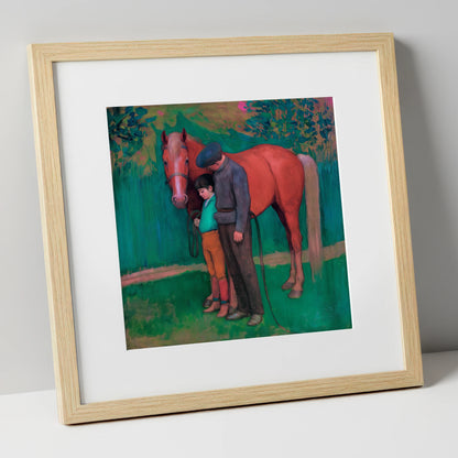 A Quiet Connection horse & rider art print in natural frame