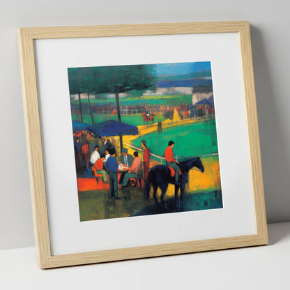 Anticipation at the Track racing horse art print in natural frame