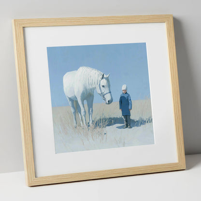 A Silent Understanding horse & rider art print in natural frame