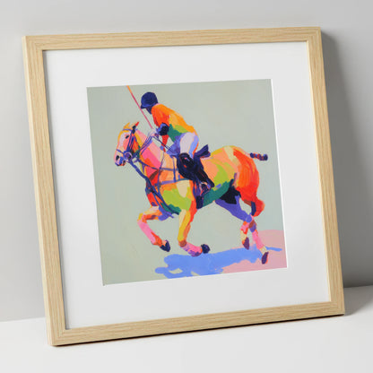 Technicolour Polo Stride polo horse art print in natural frame