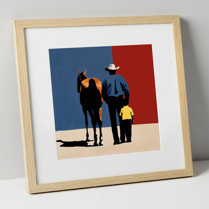 The Western Legacy horse & rider art print in natural frame