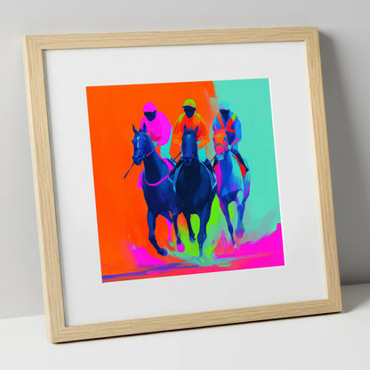 Neon Final Furlong racing horse art print in natural frame