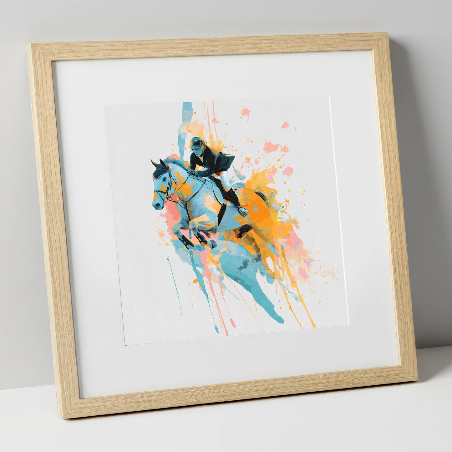 Airborne In Colour show jumping horse art print in natural frame