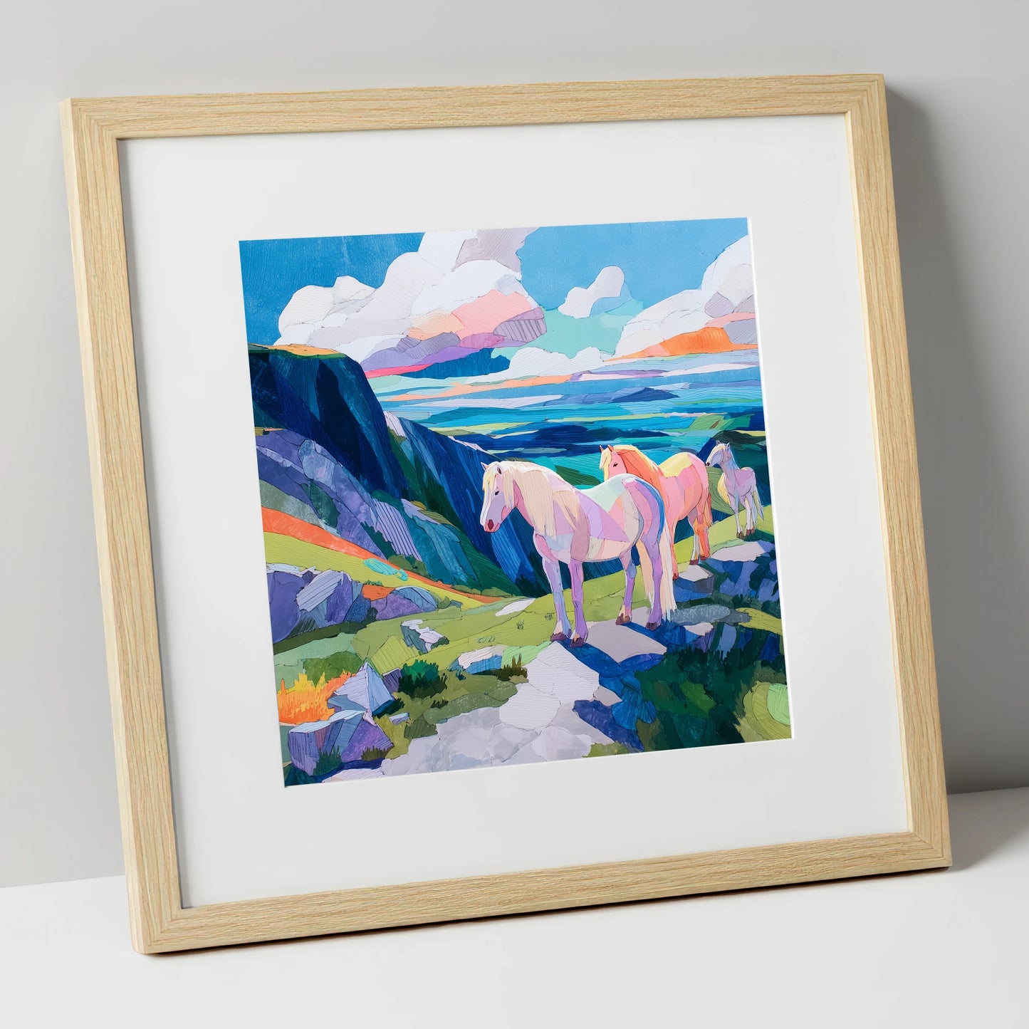 Vibrant Highland Dreamscape horse landscape art print in natural frame