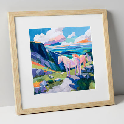 Vibrant Highland Dreamscape horse landscape art print in natural frame