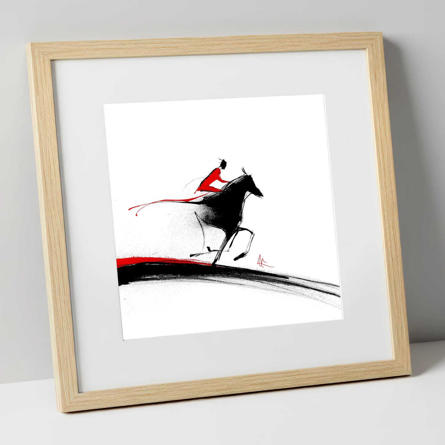 Crimson Pursuit racing horse art print in natural frame