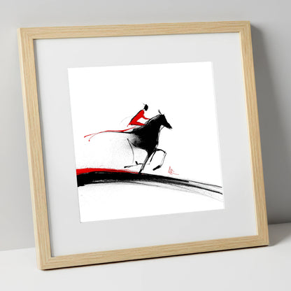 Crimson Pursuit racing horse art print in natural frame