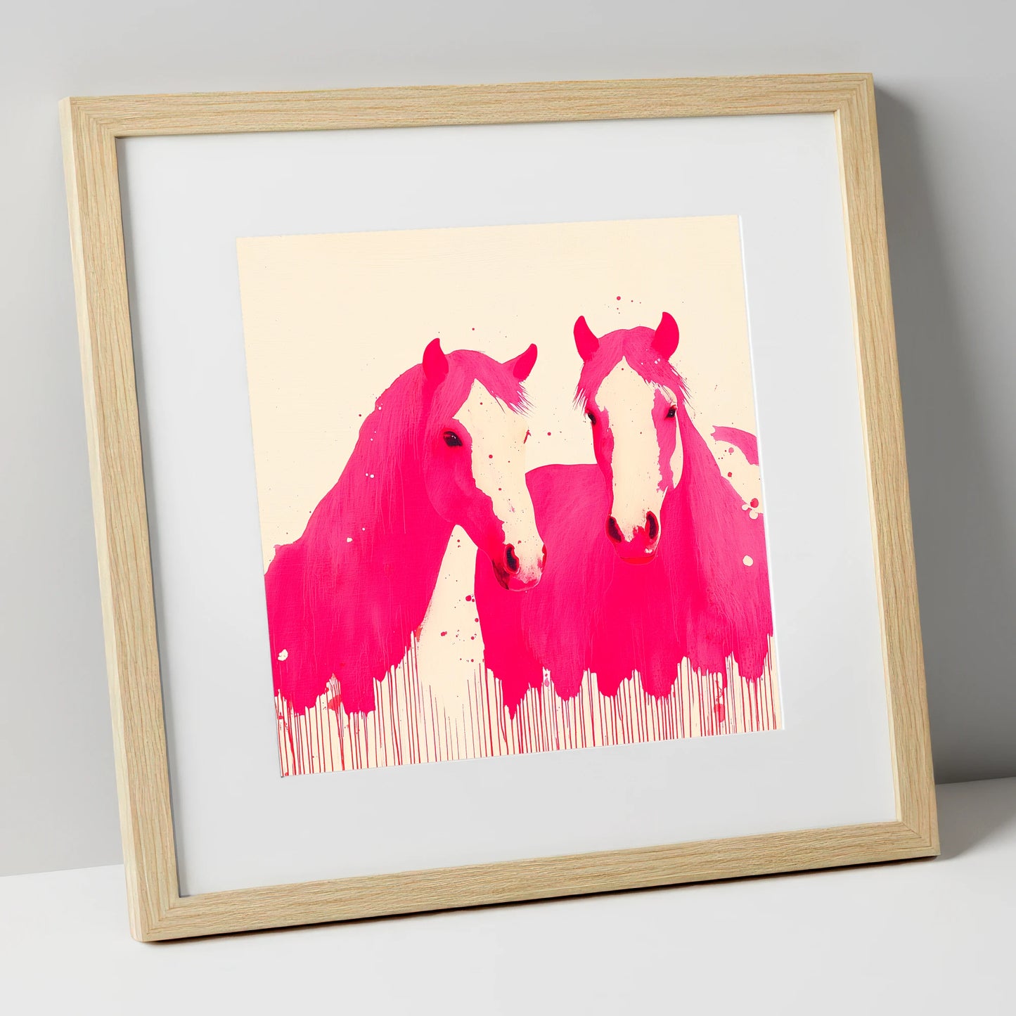 Vivid Magenta Pair horse landscape art print in natural frame