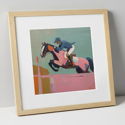 Apex of the Arc show jumping horse art print in natural frame