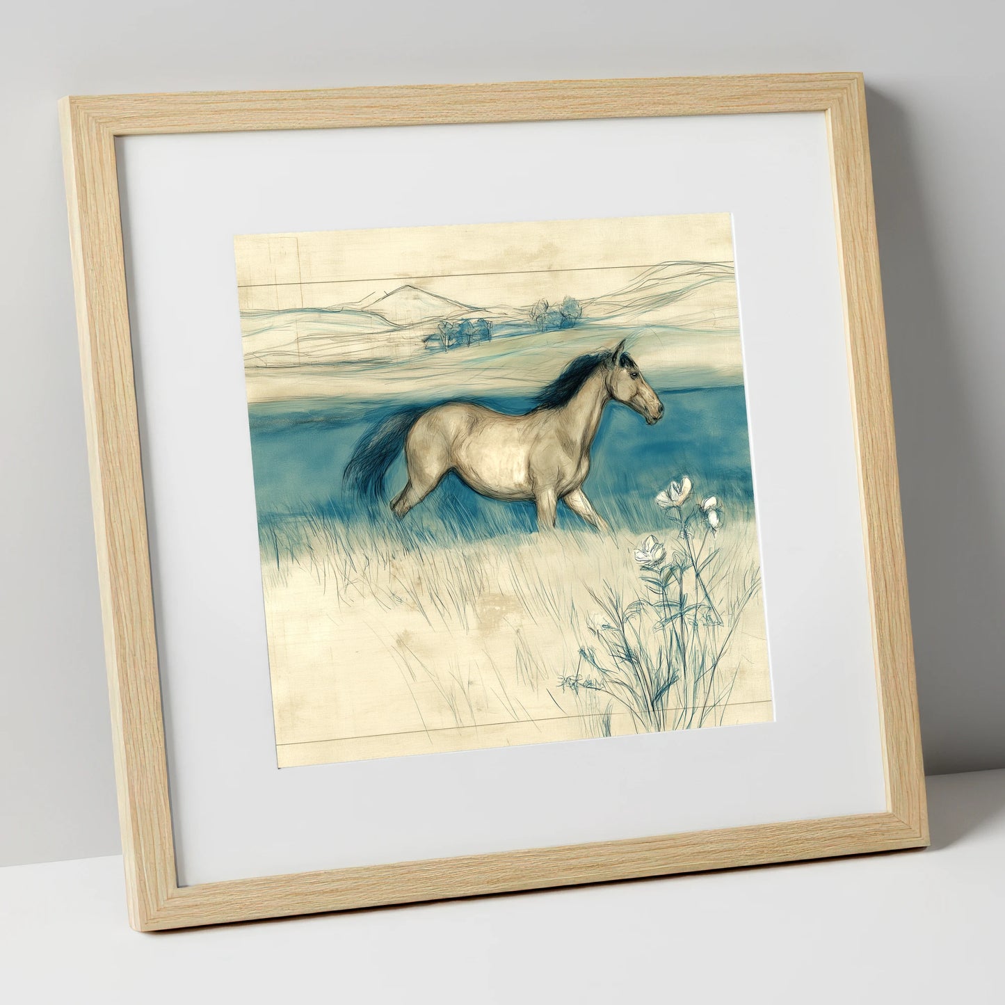 Teal Horizon Canter horse landscape art print in natural frame