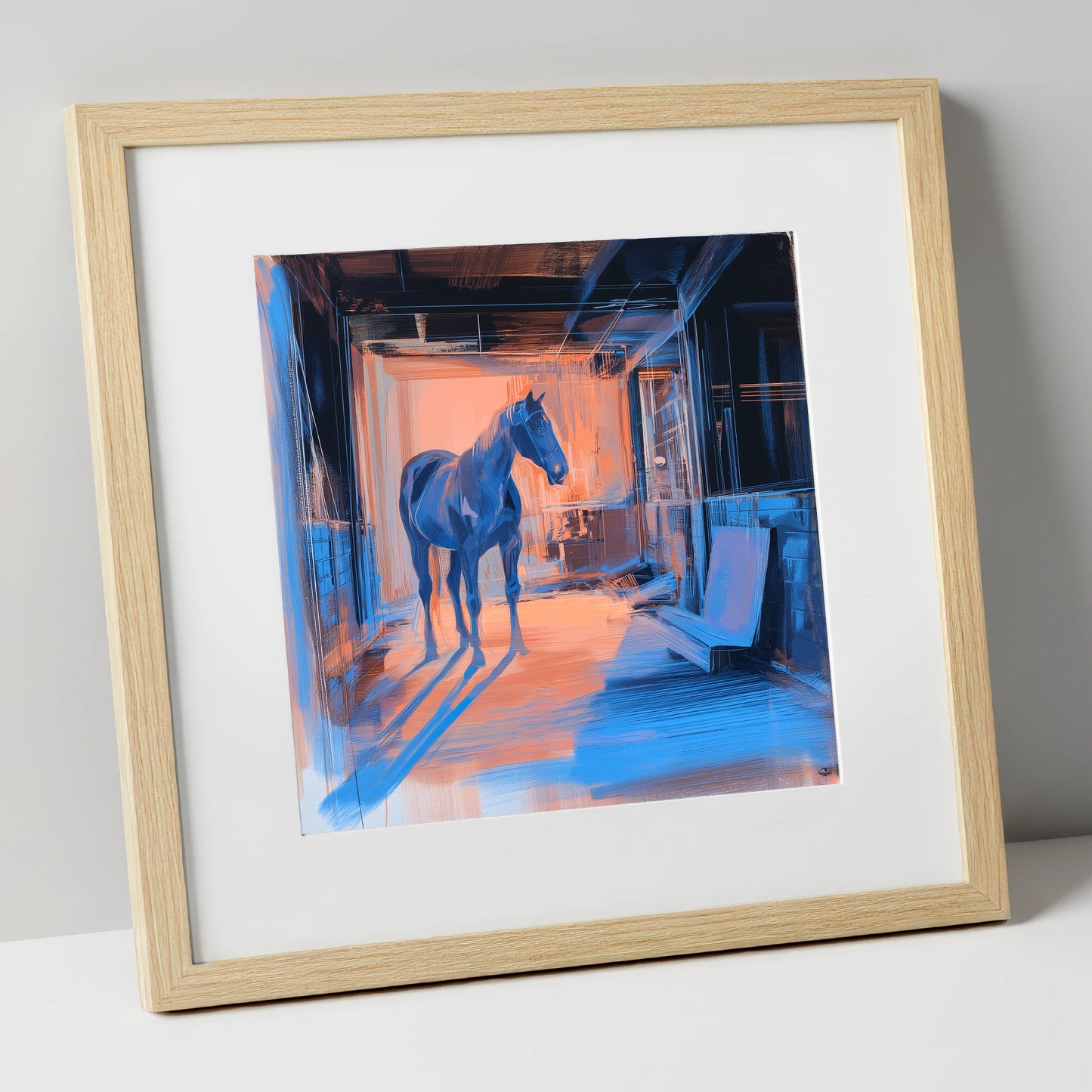 The Quiet Aisle horse stable art print in natural frame