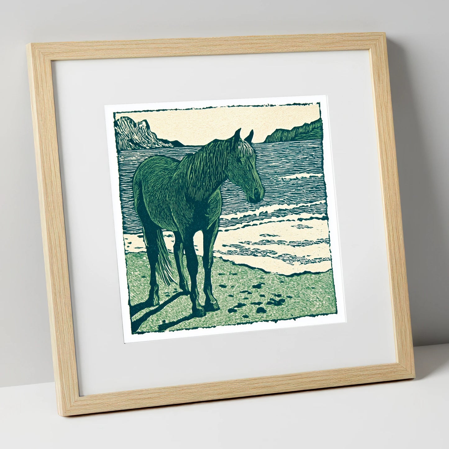 Shoreline Solitude horse landscape art print in natural frame