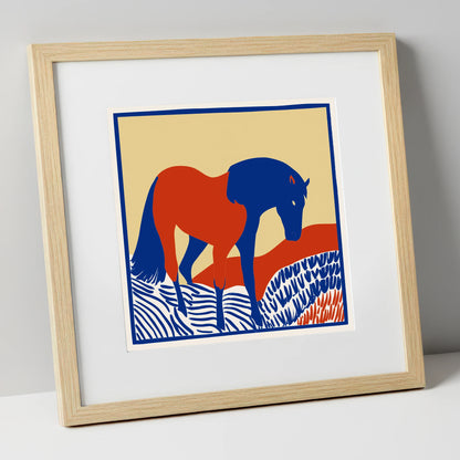 Cobalt And Rust horse portrait art print in natural frame