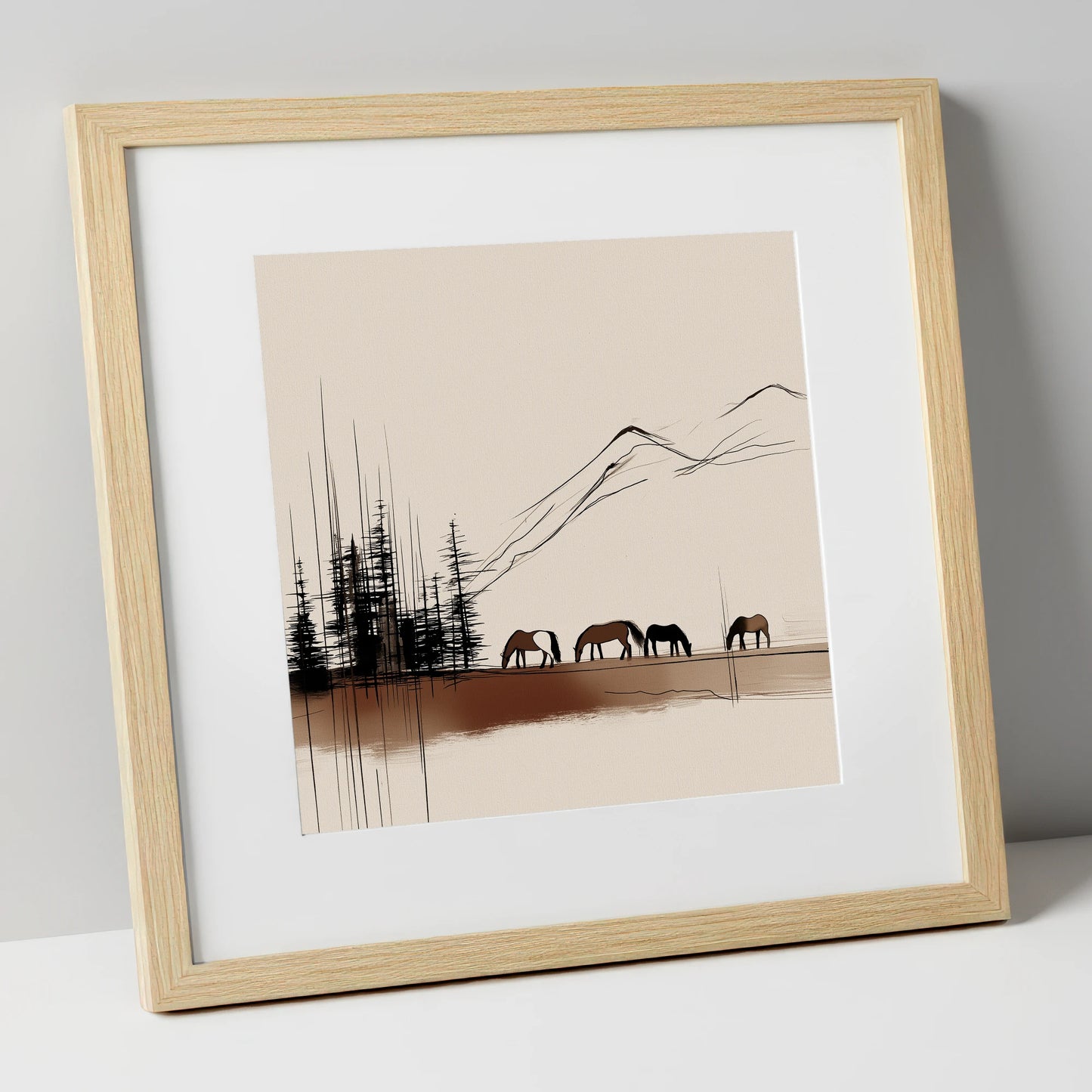 Grazing Beneath the Pines horse landscape art print in natural frame