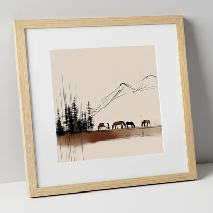 Grazing Beneath the Pines horse landscape art print in natural frame