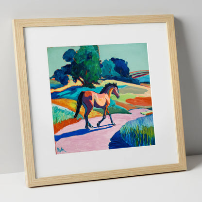 Technicolour Trot horse breed art print in natural frame