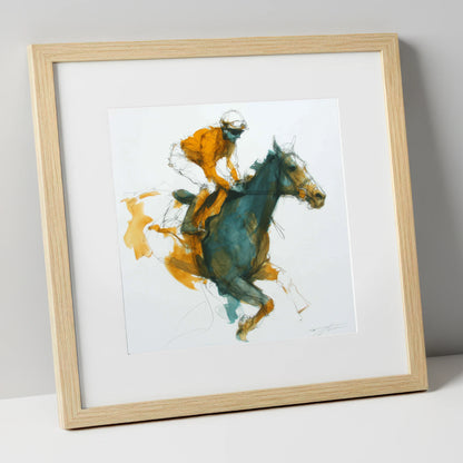 Amber Stride racing horse art print in natural frame