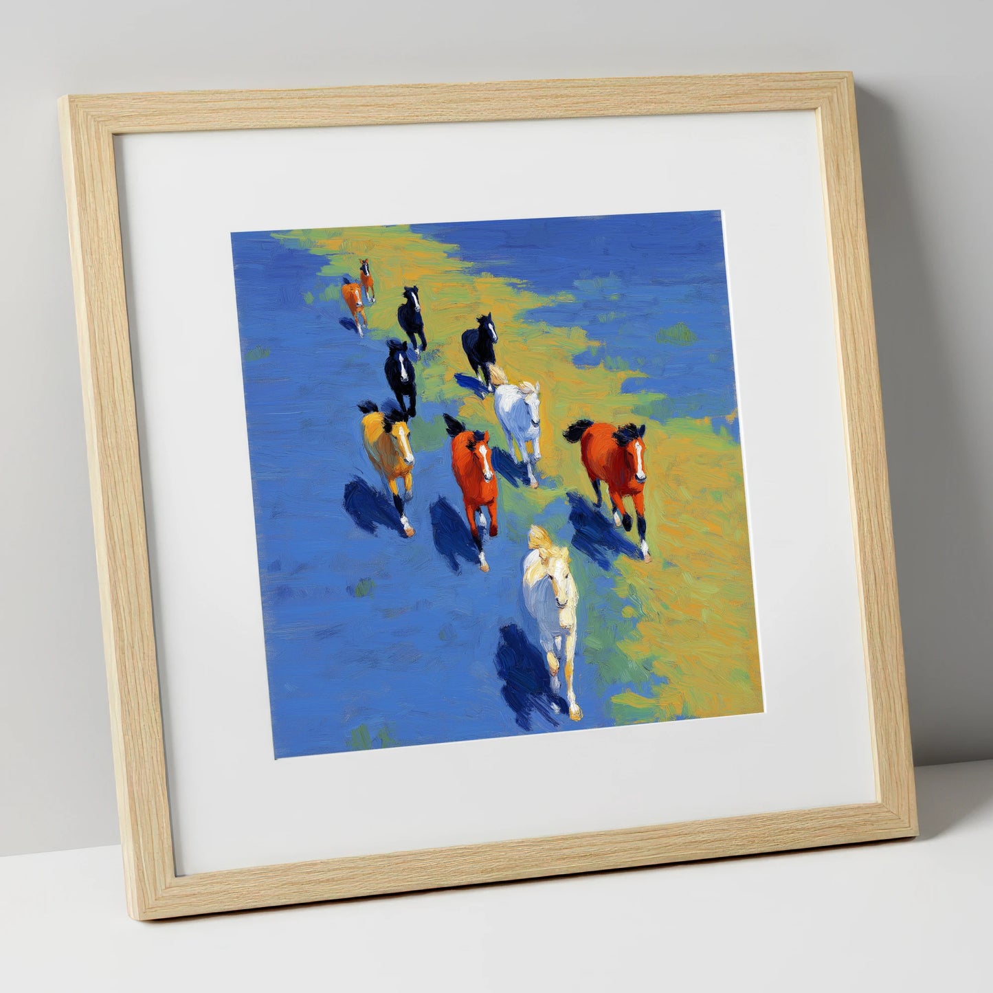 Sunlit Azure Gallop wild horses art print in natural frame