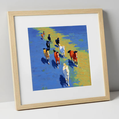 Sunlit Azure Gallop wild horses art print in natural frame