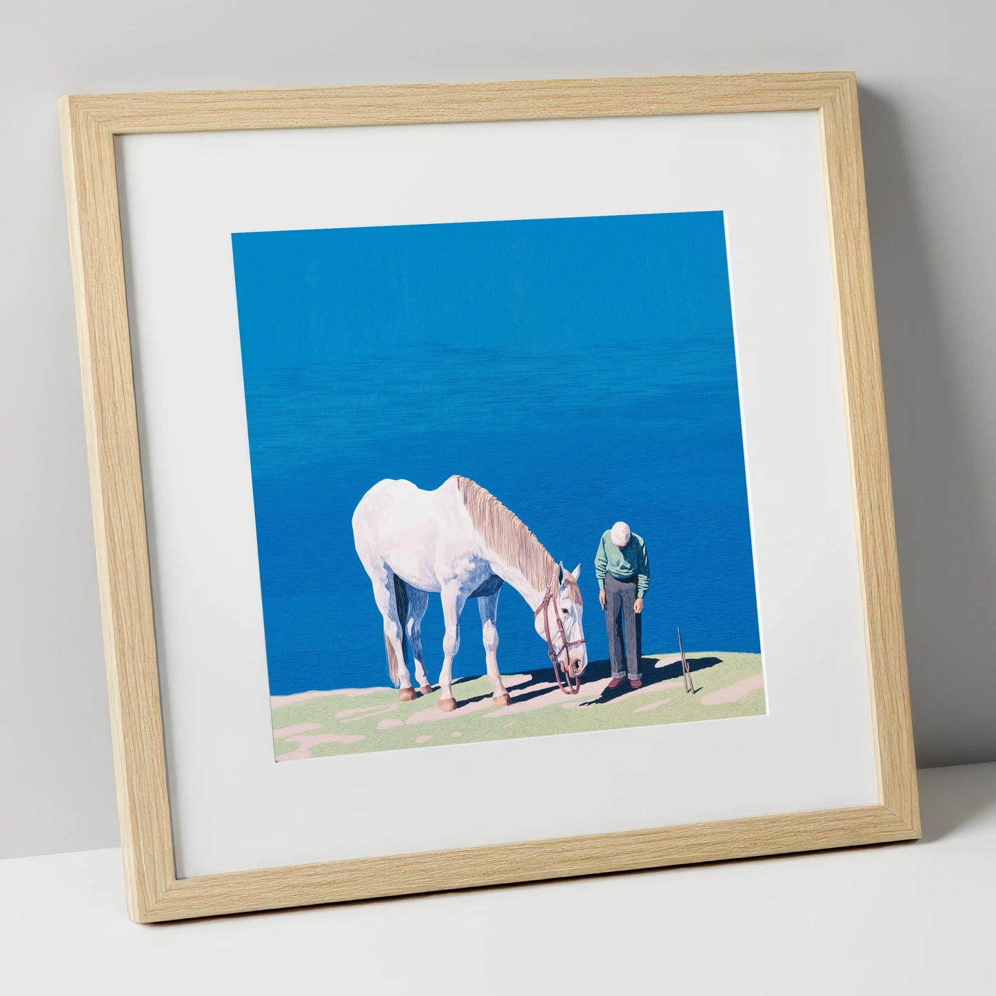 Shared Silence horse & rider art print in natural frame