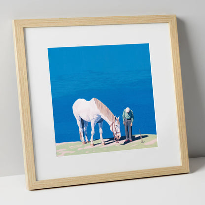 Shared Silence horse & rider art print in natural frame