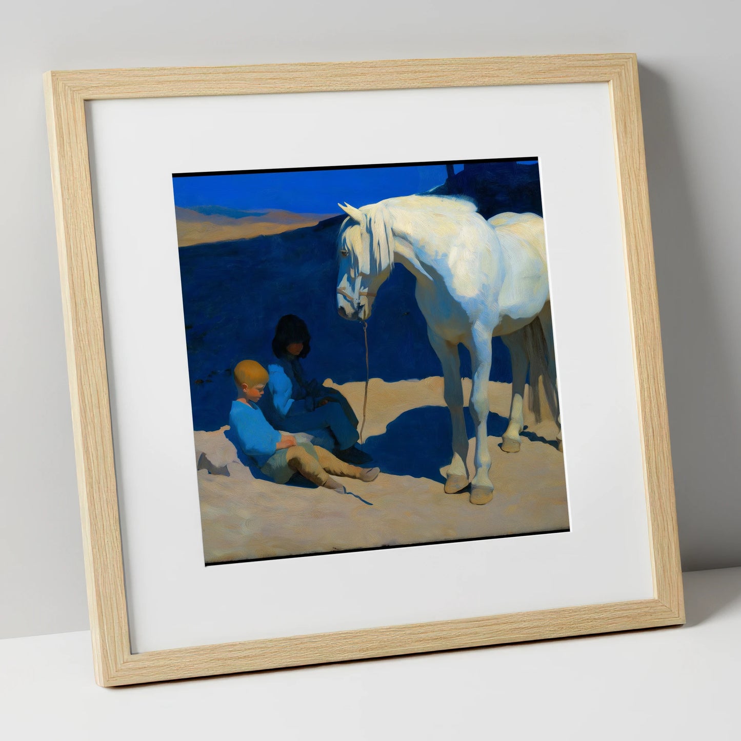 Azure and Ivory Bond horse & rider art print in natural frame