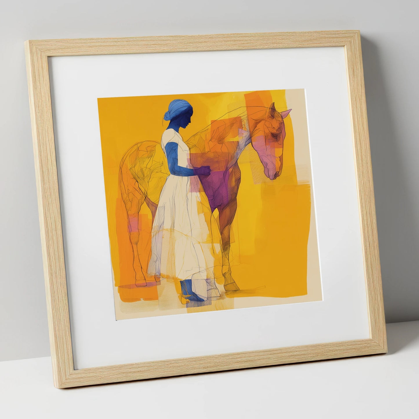 Structured Harmony horse & rider art print in natural frame