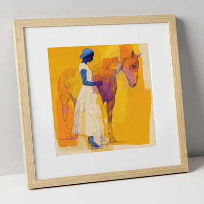 Structured Harmony horse & rider art print in natural frame