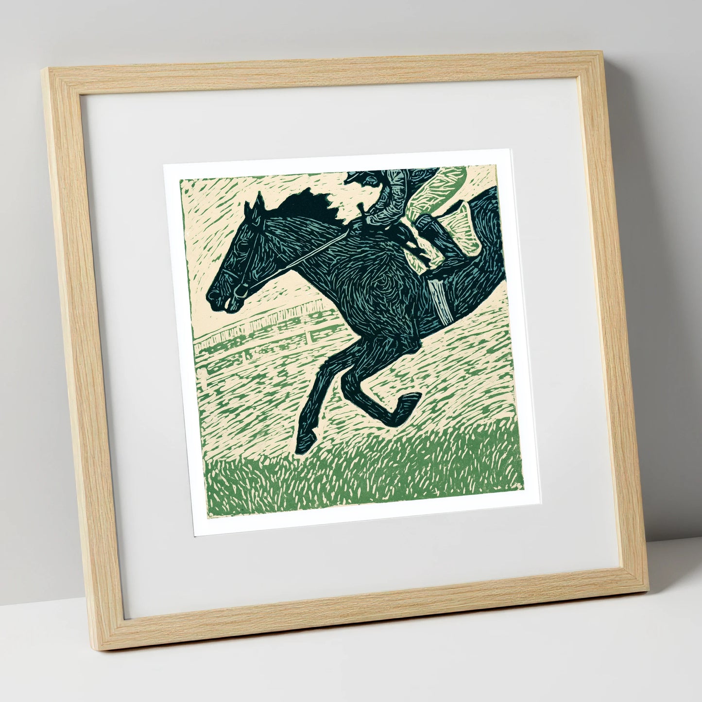 Thunder on the Turf racing horse art print in natural frame