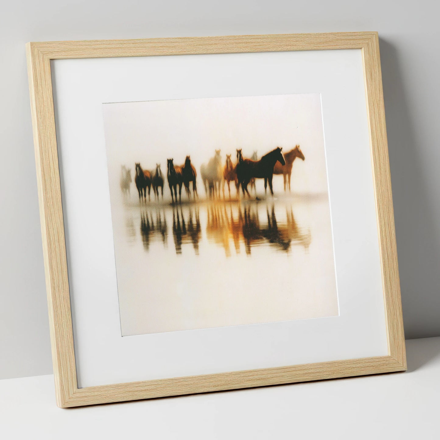 Mirrored in Mist wild horses art print in natural frame