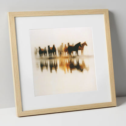 Mirrored in Mist wild horses art print in natural frame
