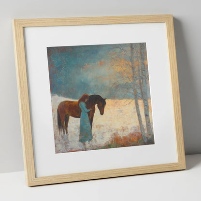 Whispers In Winter horse & rider art print in natural frame
