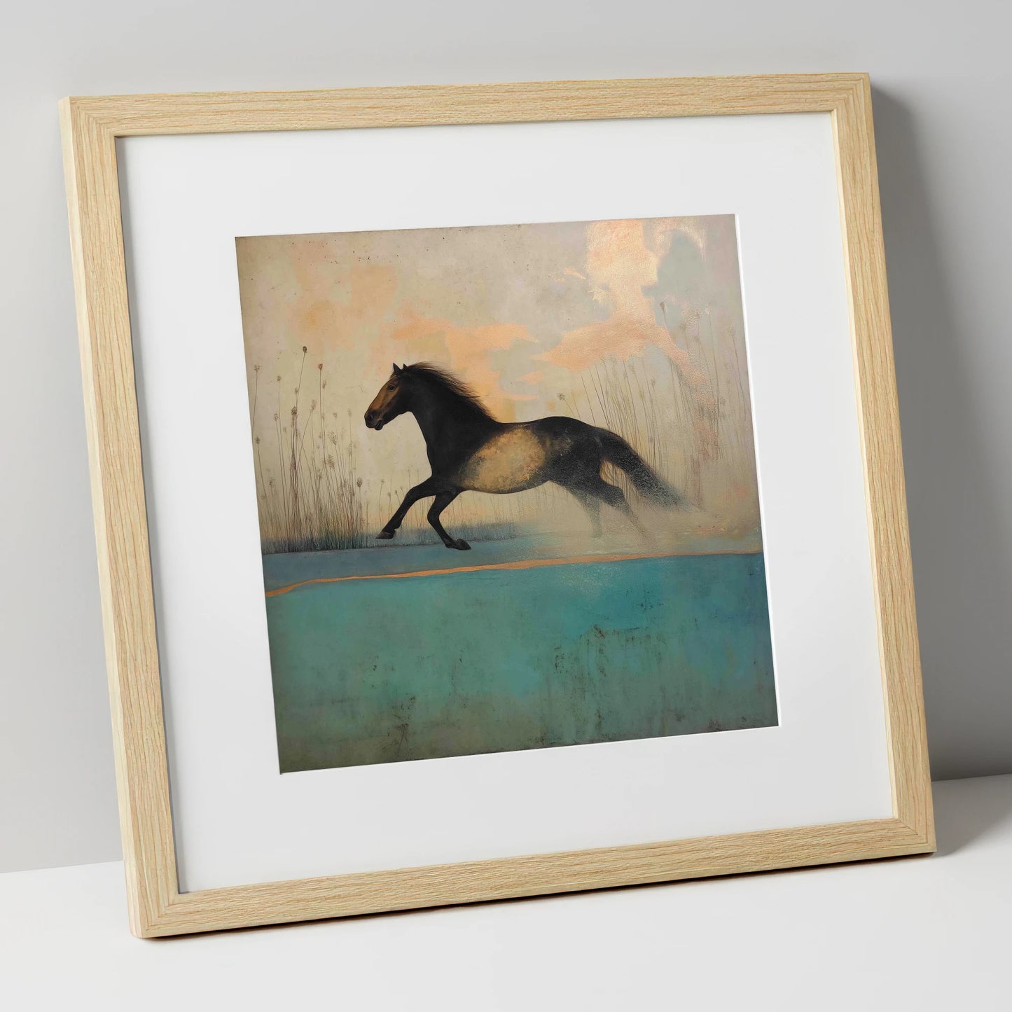 Gilded Horizon Canter horse landscape art print in natural frame