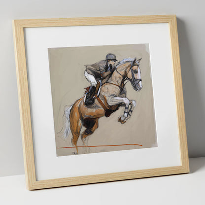 Moment of Flight show jumping horse art print in natural frame
