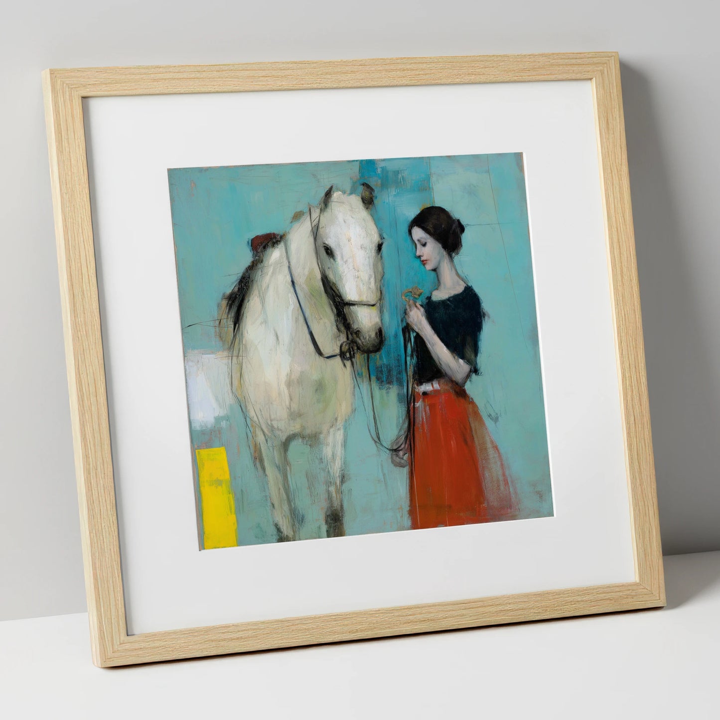 Silent Understanding horse & rider art print in natural frame