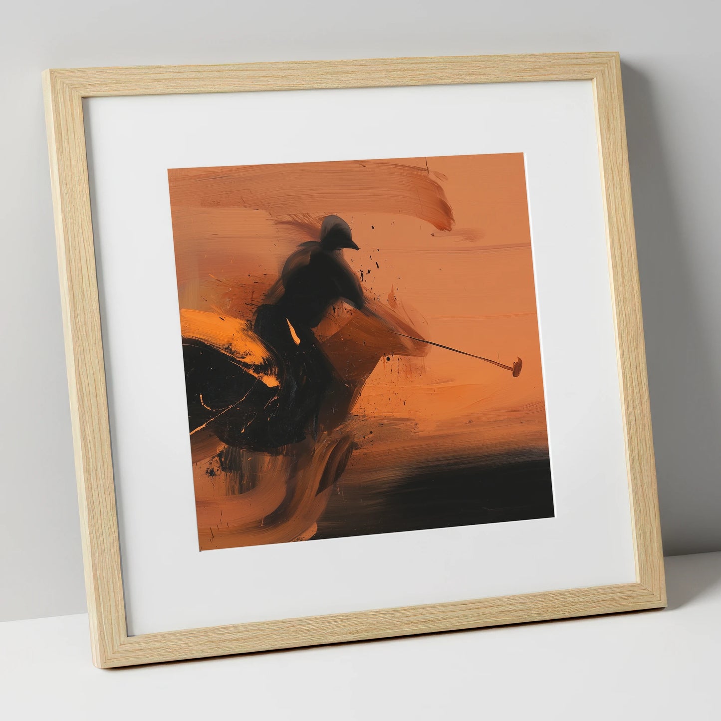 Strike in Amber polo horse art print in natural frame