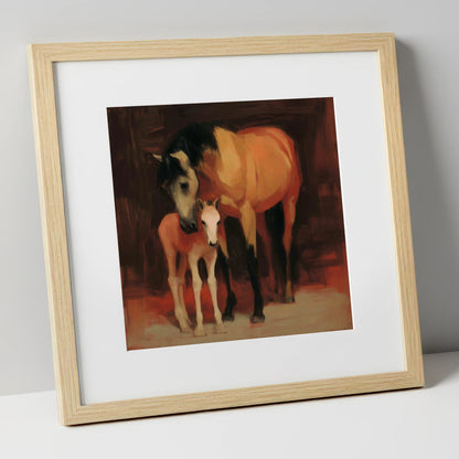 The Nurturing Bond mare & foal art print in natural frame