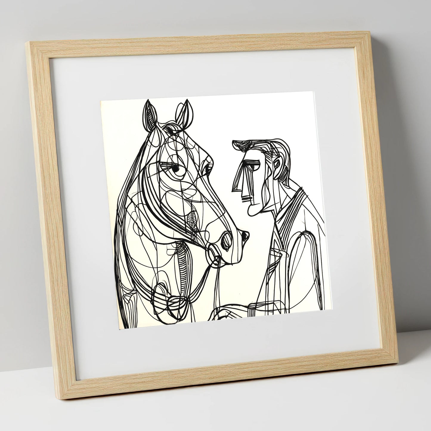 Modern Connection horse & rider art print in natural frame
