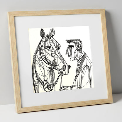 Modern Connection horse & rider art print in natural frame