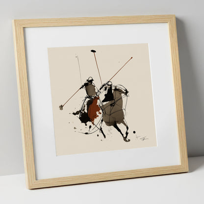 The Ride-Off polo horse art print in natural frame