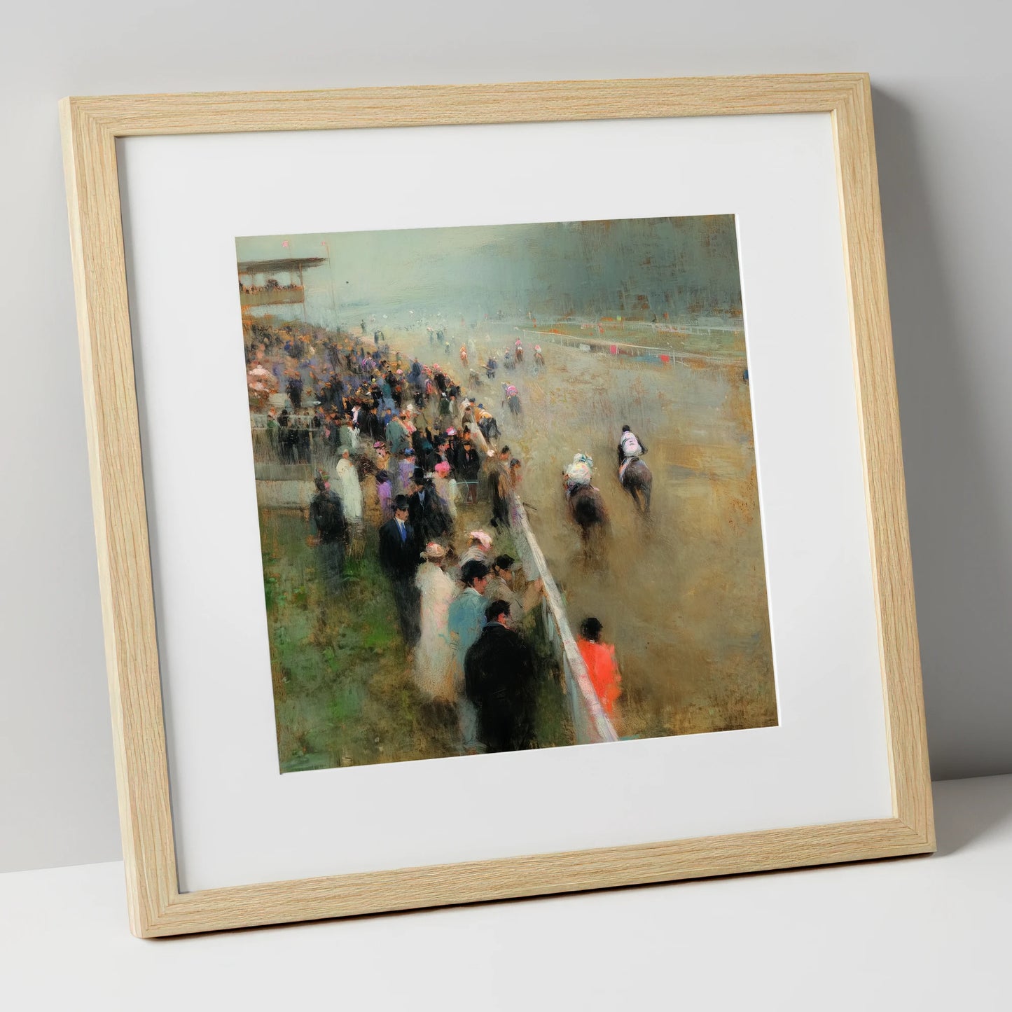 Trackside Anticipation racing horse art print in natural frame