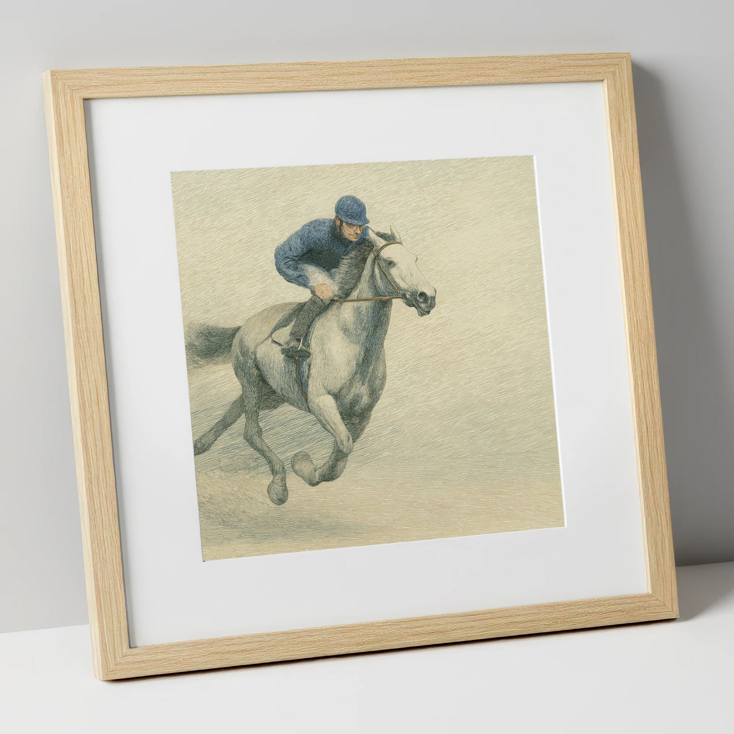 Racing the Grey racing horse art print in natural frame