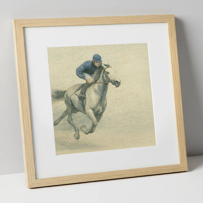 Racing the Grey racing horse art print in natural frame