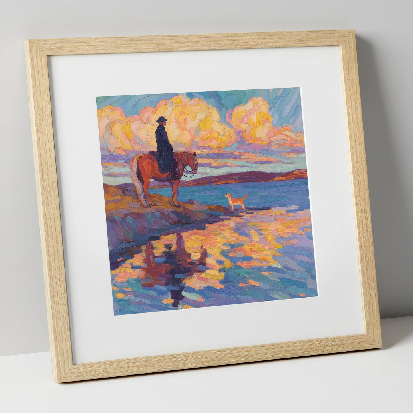 Evening Tide Halt beach horse art print in natural frame
