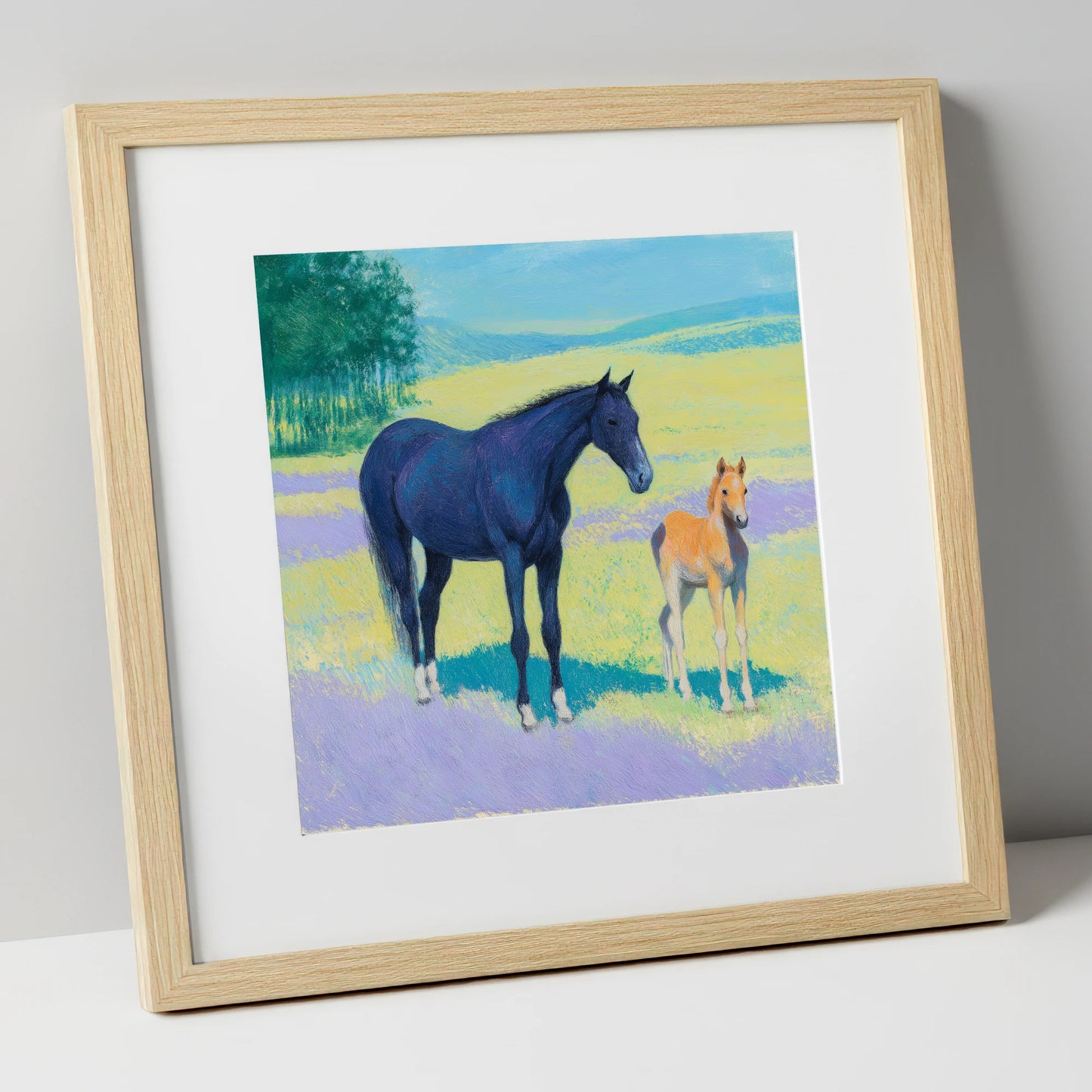 Lavender Meadow Bond mare & foal art print in natural frame