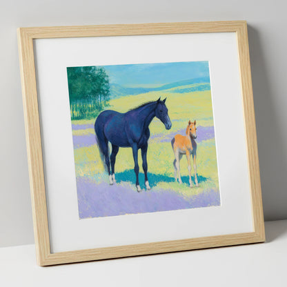 Lavender Meadow Bond mare & foal art print in natural frame
