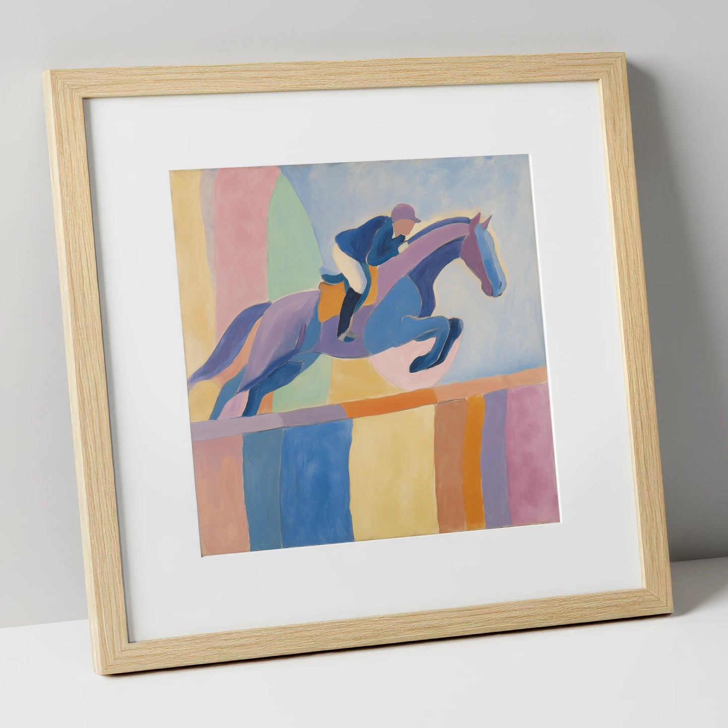 Harmonious Leap show jumping horse art print in natural frame