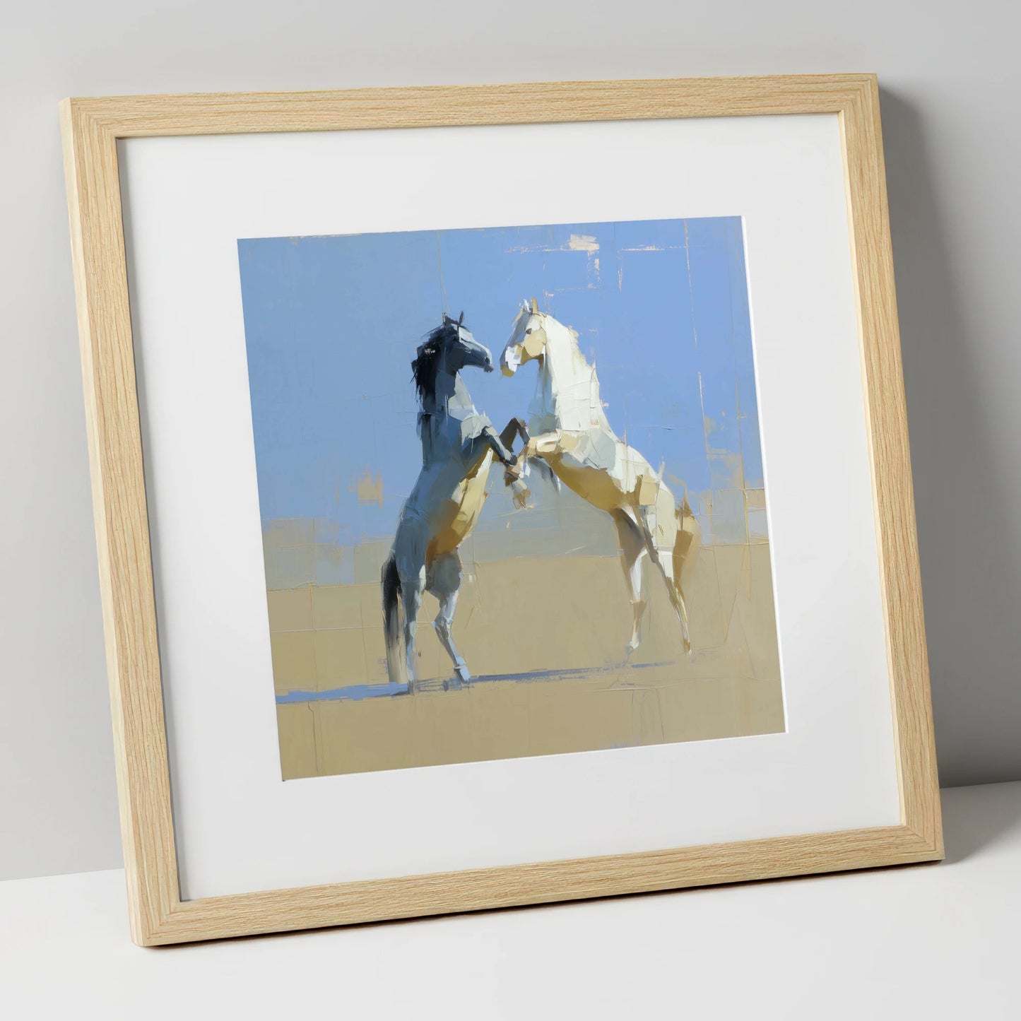 Sunlit Sparring wild horses art print in natural frame