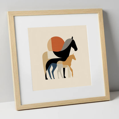 Geometric Equine Bond mare & foal art print in natural frame