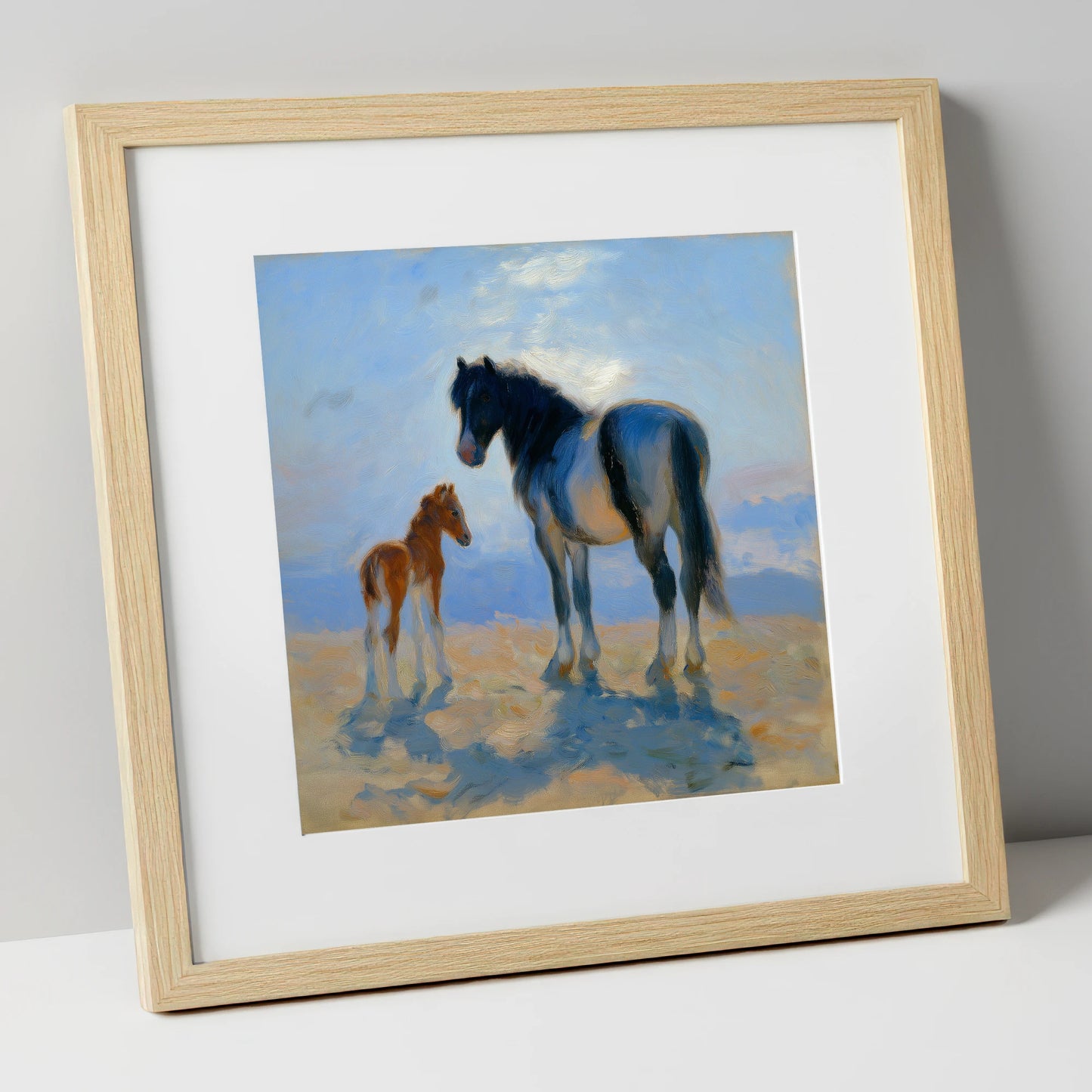 Cerulean Morning Light mare & foal art print in natural frame